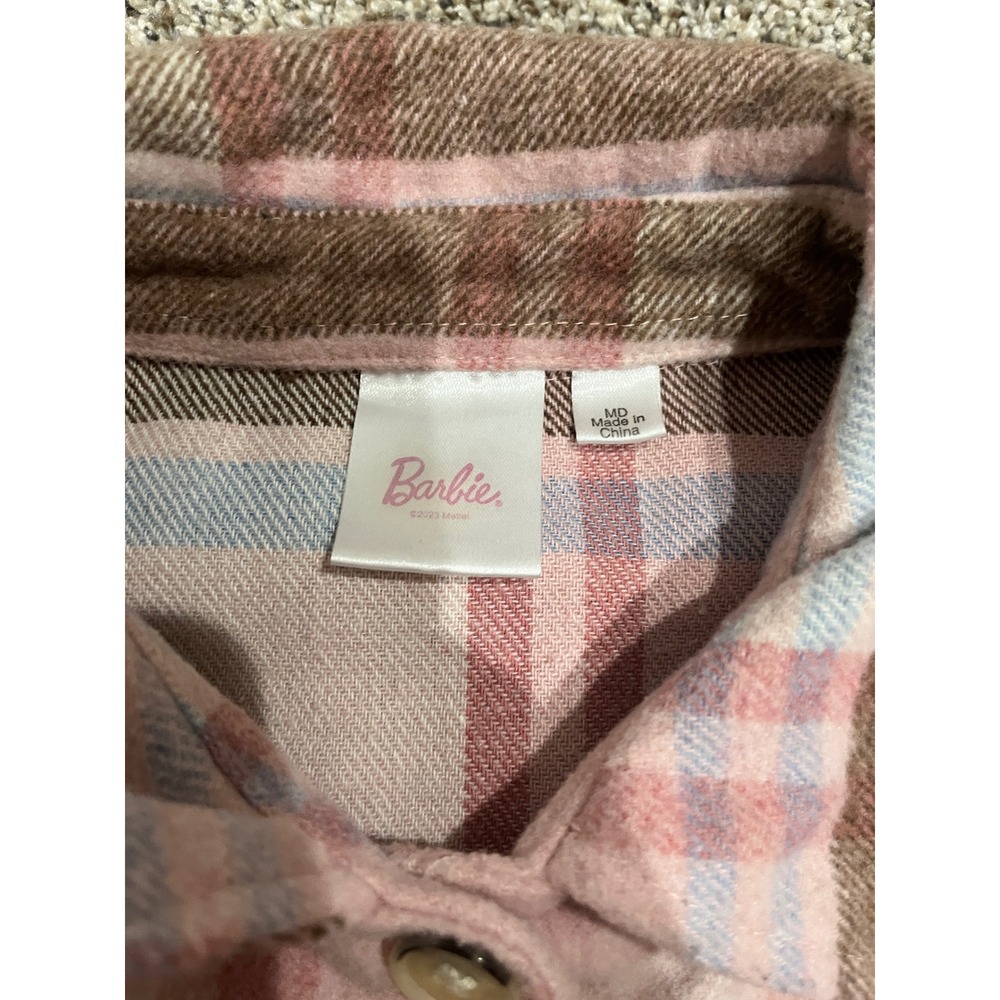 Barbie Movie Pink Plaid Flannel Shacket Button Up Jacket Logo Back Womens Medium - Picture 4 of 8